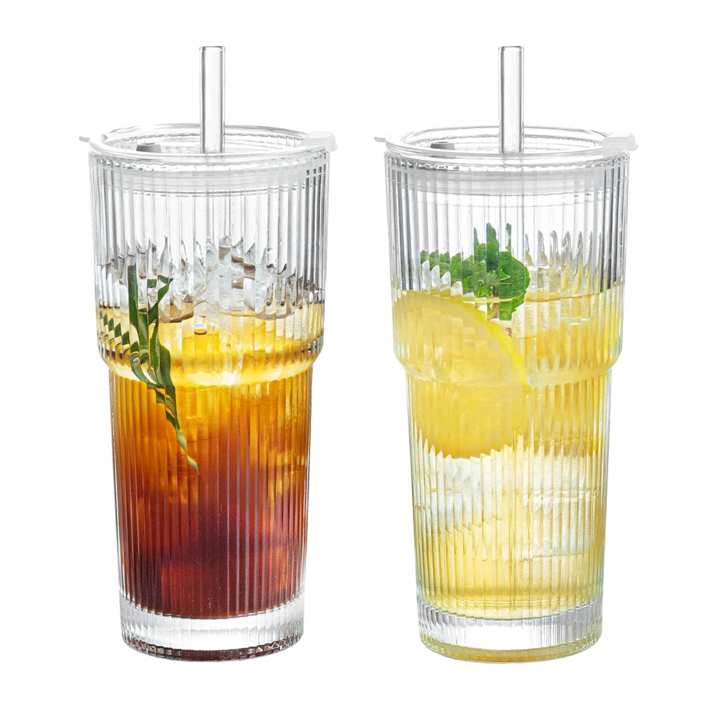 Puolikymppiset 600ml Stripe Glass Cup -kuppi langalla ja oljella – läpinäkyvää mehua, vettä ja jääkahvijuomalasia
