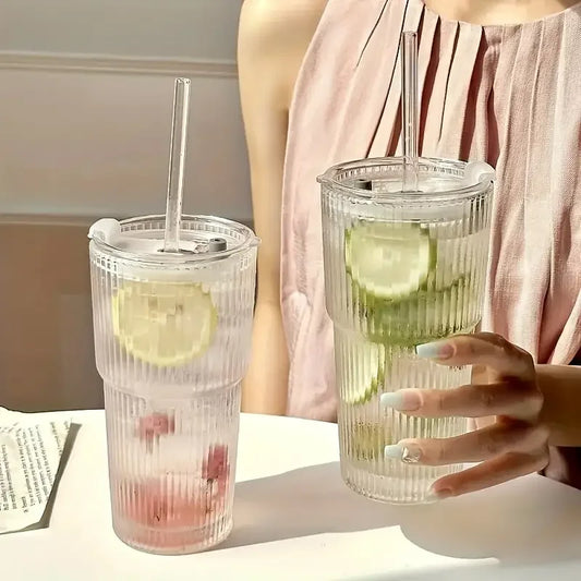 1/2st 600ml Stripe Glass Cup med Lid och Straw - Transparent Juice, Vatten, och Iced Coffee Dricksglas