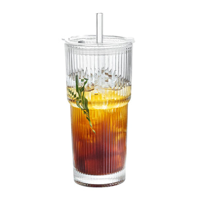 1/2st 600ml Stripe Glass Cup med Lid och Straw - Transparent Juice, Vatten, och Iced Coffee Dricksglas