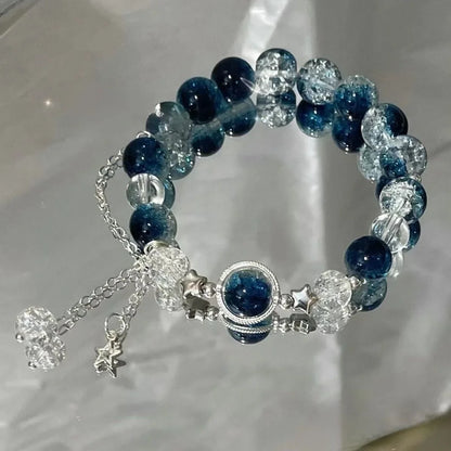 Niche Design Star Chain Tassel armband - Fantasy Blue Crystal Pärlor Elastiska rep armband för kvinnor