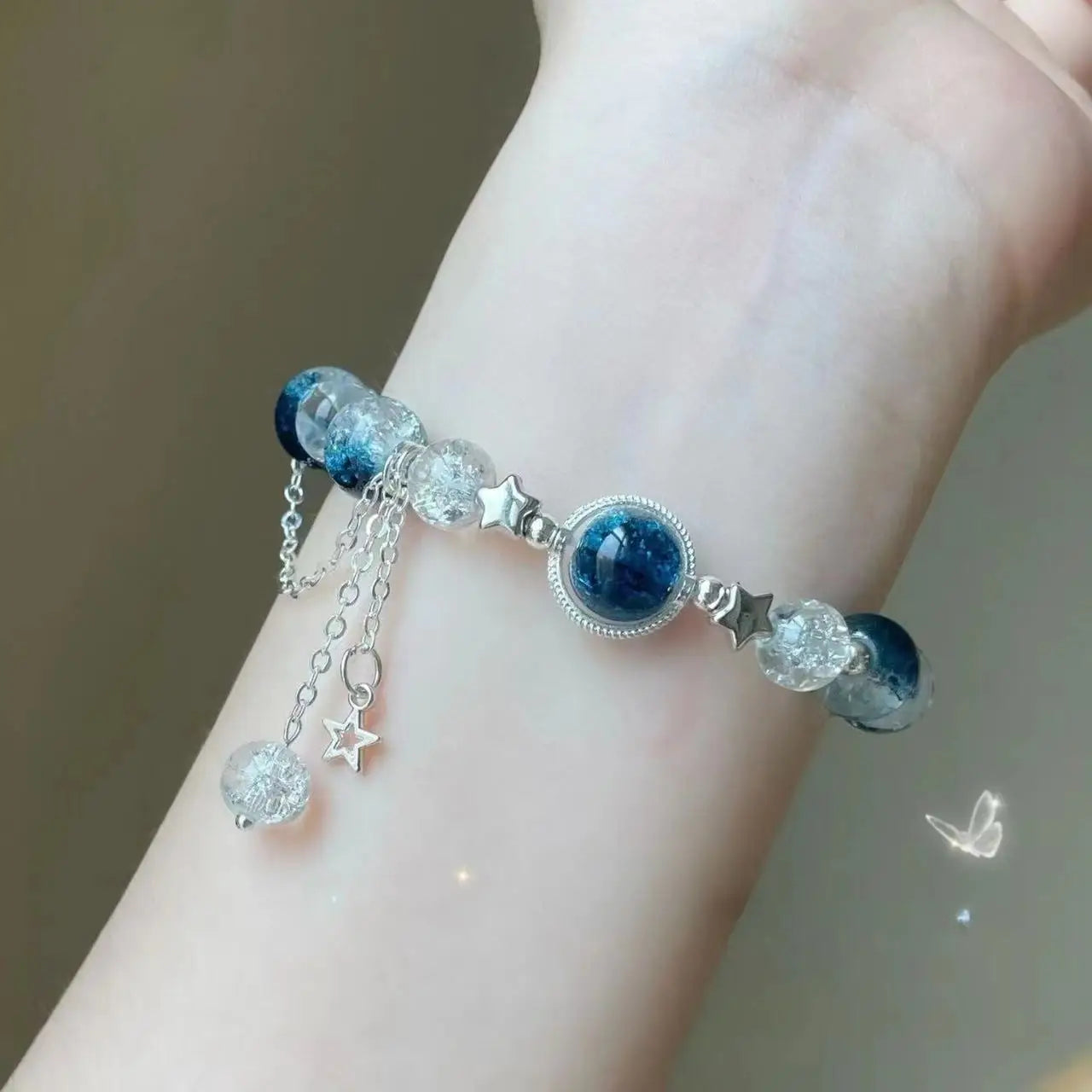 Niche Design Star Chain Tassel armband - Fantasy Blue Crystal Pärlor Elastiska rep armband för kvinnor