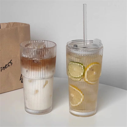 1/2st 600ml Stripe Glass Cup med Lid och Straw - Transparent Juice, Vatten, och Iced Coffee Dricksglas